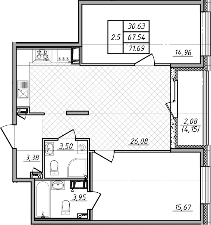 2-комнатная квартира 67.54 м², 2/14 эт., ЖК «Чёрная речка»